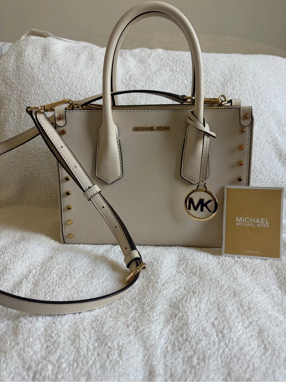 Michael Kors Cream Structured Saffiano Satchel with Gold Accents
